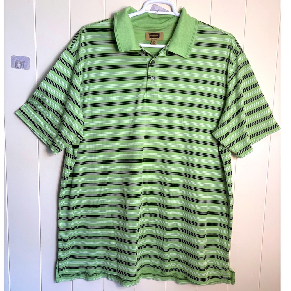 The Foundry Supply Co Mens 2XLT Green Striped Quick-Dri Polo Shirt Short Sleeve